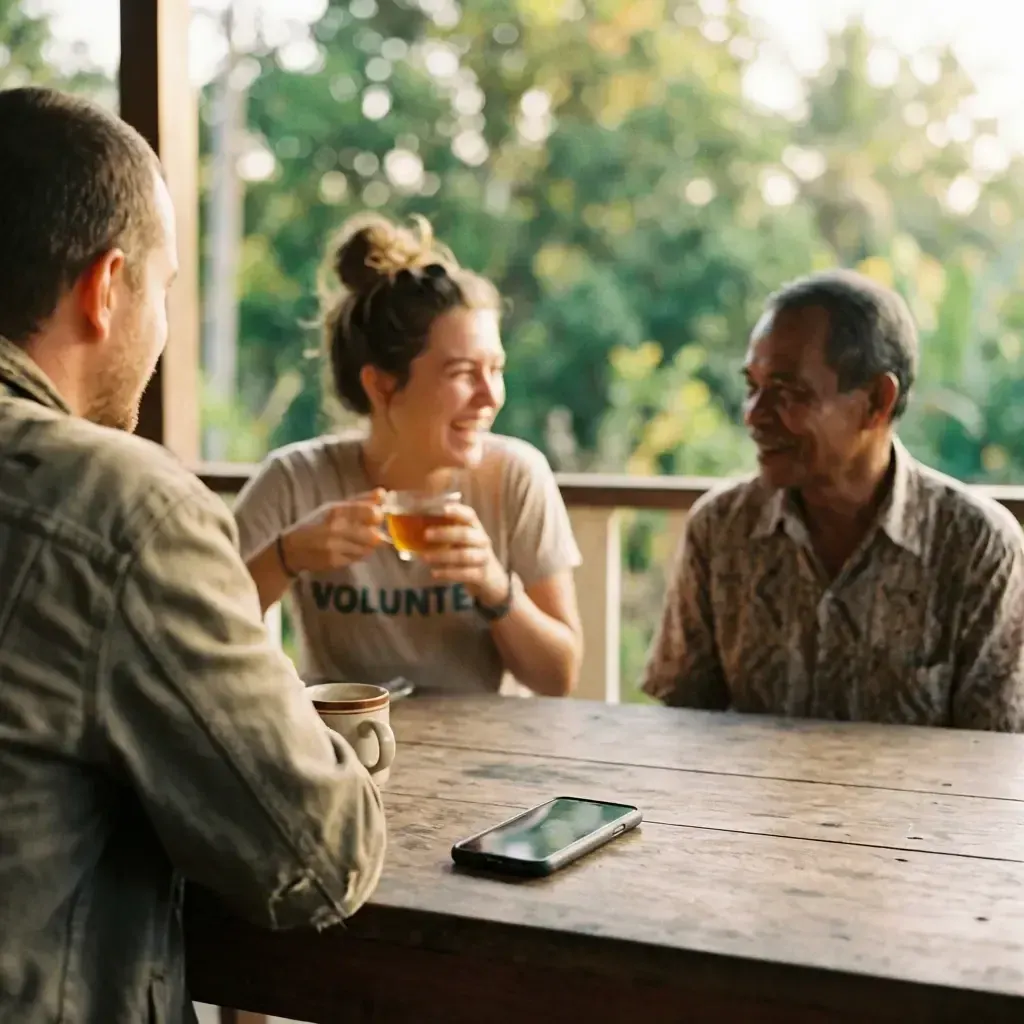 Group of young volunteers in outdoor discussion, without screens, illustrating the importance of direct human interactions.