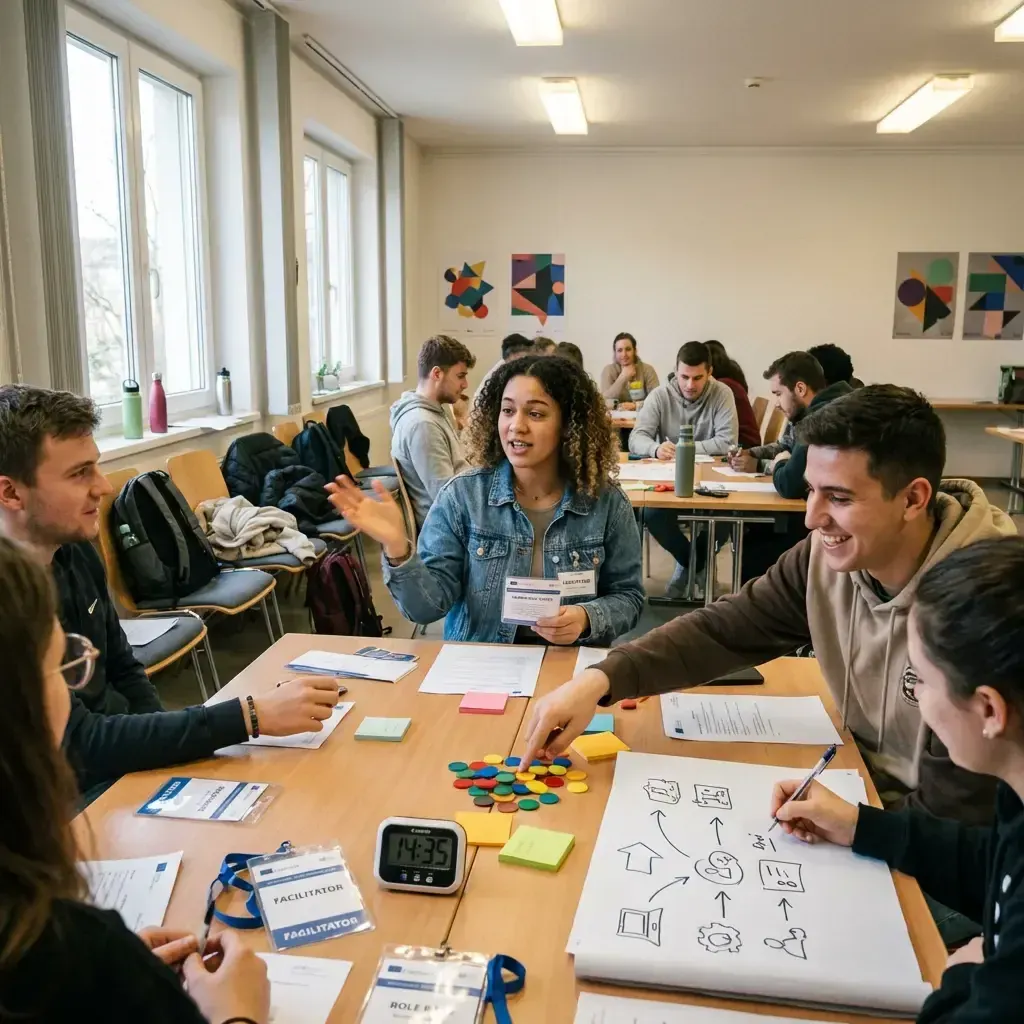 Participants collaborating during an Erasmus+ project simulation game.